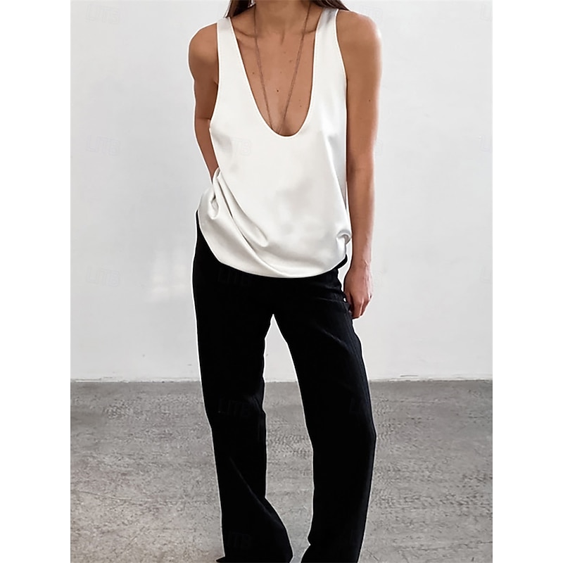 Women's Elegant Dressy Satin Blouse Solid Color Stylish Sexy Casual Sleeveless U Neck Regular Tops Daily Going out Black White Summer Spring2