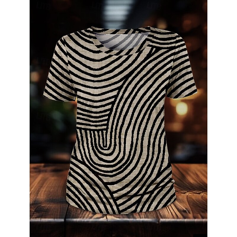 Women's T Shirt Striped Vintage Casual Short Sleeve Round Neck Regular Tops Daily Print Black Summer3