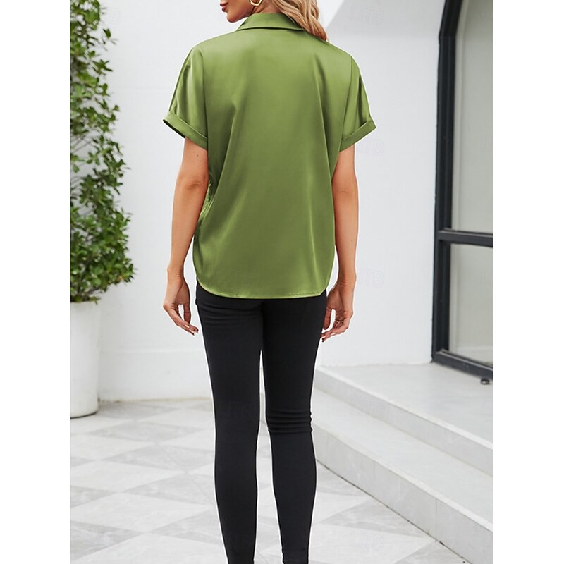 Women's Shirt Elegant Dressy Satin Solid Color Business Modern Casual Short Sleeve Shirt Collar Regular Tops Work Formal Wear Buttons Wine Summer Spring3