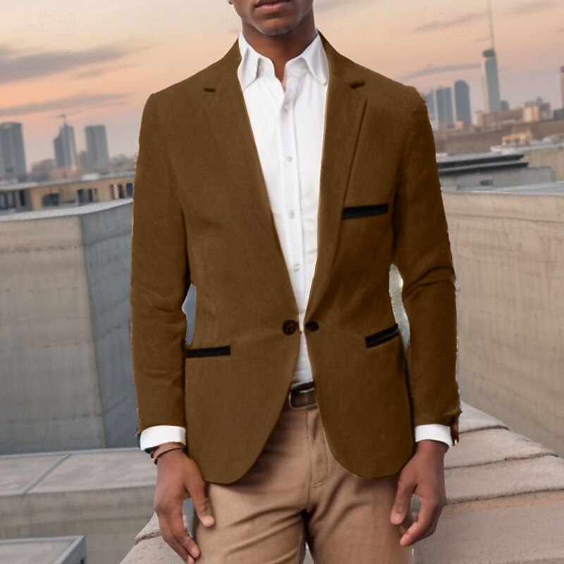 Men's Graduation Blazer Business Cocktail Party Wedding Party Fashion Casual Spring &  Fall Corduroy Solid Color Pocket Buttons Comfortable Single Breasted Blazer Burgundy khaki