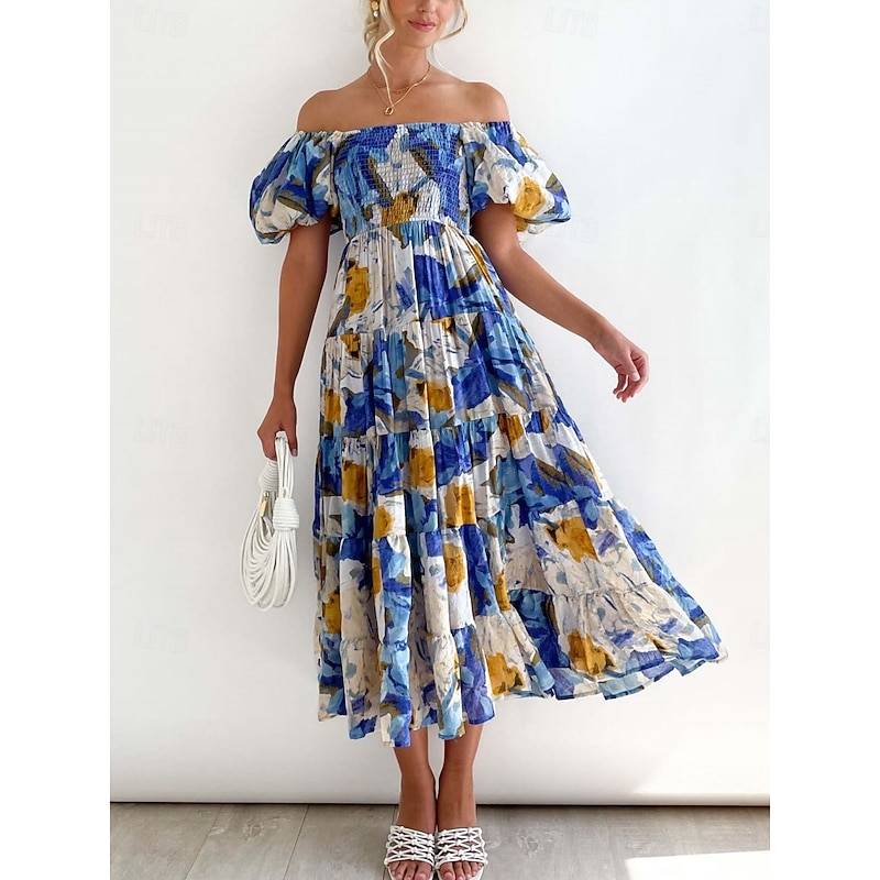 Women's Maxi Dress Casual Dress Swing Dress A Line Dress Stylish Casual Vacation Daily Regular Fit Floral Short Sleeve Off Shoulder Blue Green Summer4