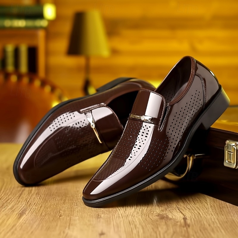 Men's White Slip-On Loafers – Perforated Faux Leather Breathable Dress Shoes with Metal Decoration for Business and Formal Occasions4