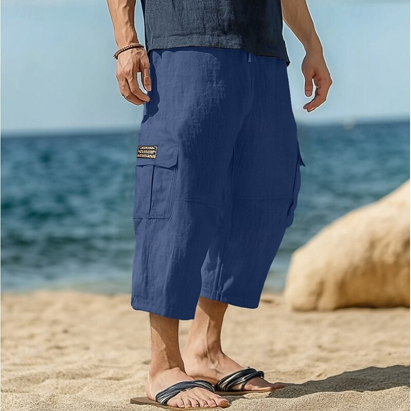 Men's Capri Cargo Shorts Linen Shorts Summer Shorts Beach Shorts Drawstring Elastic Waist Multi Pocket Plain Comfort Breathable Knee Length Yoga Holiday Beach Vacation Fashion Black Navy Blue2
