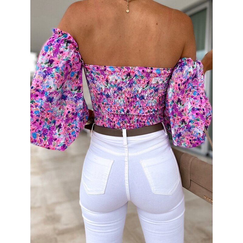 Women's Shirt Blouse Floral Stylish Casual Long Sleeve Strapless Regular Tops Daily Backless Print Black White Red Purple Summer Spring2
