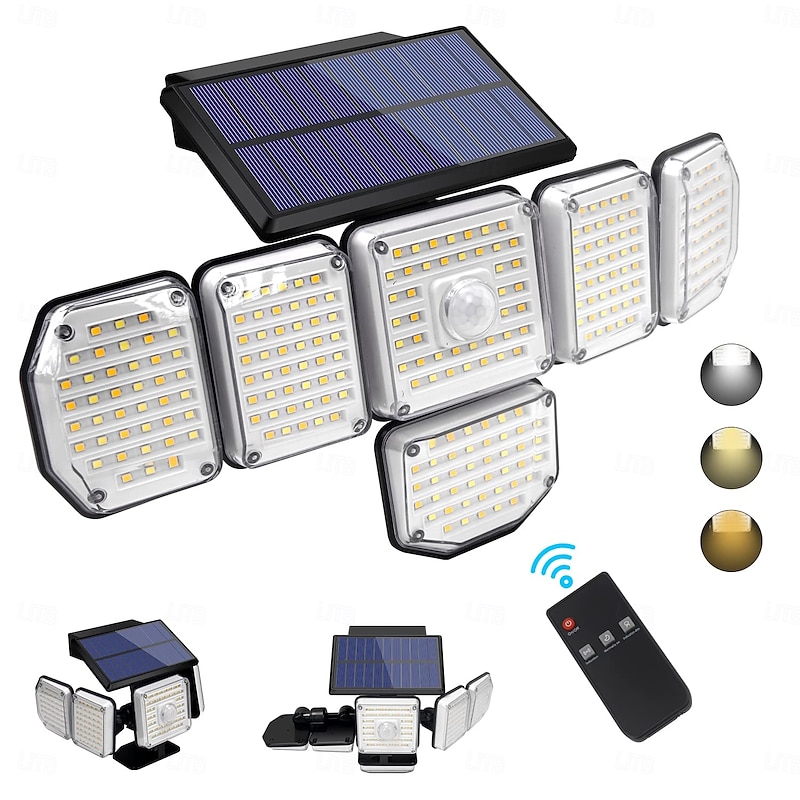 1 Pc Outdoor Waterproof Solar 6-Head Wall Light 256 LED Beads Motion Sensor Induction Light Garage Garden Courtyard Porch Remote Control with 3 Color Temperatures
