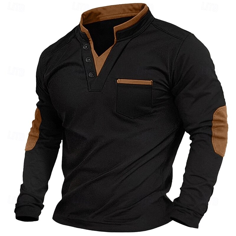Men's T Shirt Henley Shirt Tee Top Long Sleeve Shirt Long Sleeve Color Block Fashion Designer Basic Patchwork Pocket Henley Vacation Street Going out Spring &  Fall Black White Navy Blue Henley4