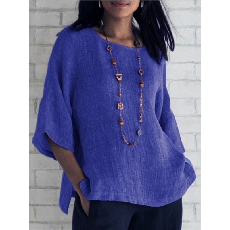 Women's Shirt Blouse Cotton Linen Shirts Solid Color Basic Casual 3/4 Length Sleeve Crew Neck Regular Tops Daily Grass Green Black White Light Green Pink Summer