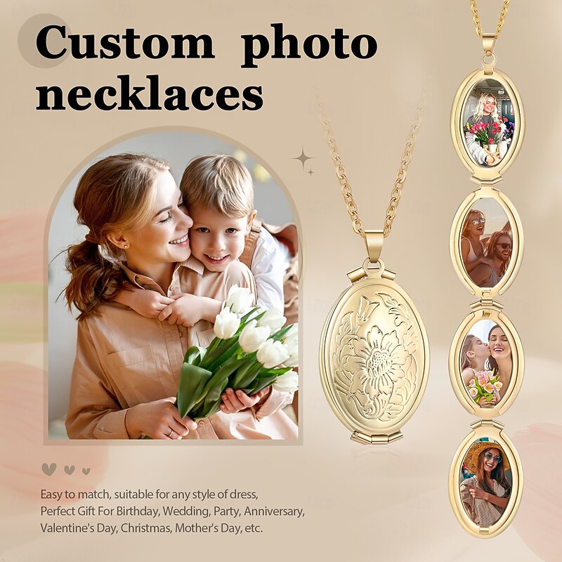 Personalized Photo Necklace Custom Best Gift for Mom Wedding Gift for Lover Stainless Steel Gold Locket with 4 Photos3