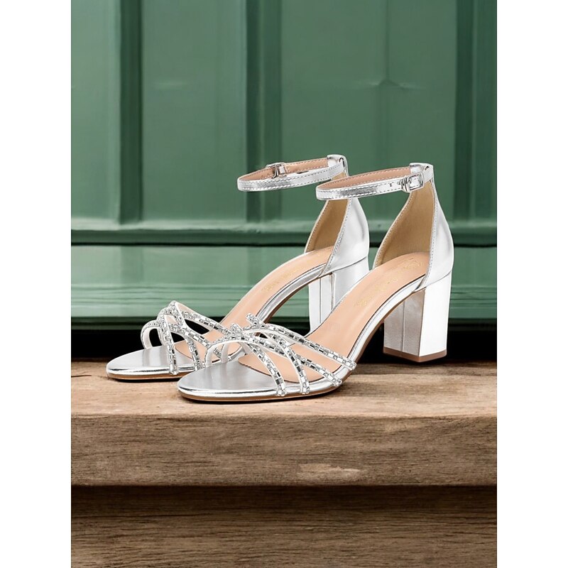 Silver Metallic Block Heel Sandals with Strappy Rhinestone Design - Party or Wedding Shoes for Women