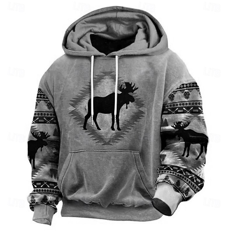 Men's Reindeer Tribal Graphic Prints Hoodie Hoodies Sweatshirt Daily Ethnic Long Sleeve Hooded Holiday Going out Streetwear Blue Sky Blue Print Spring &  Fall Designer2