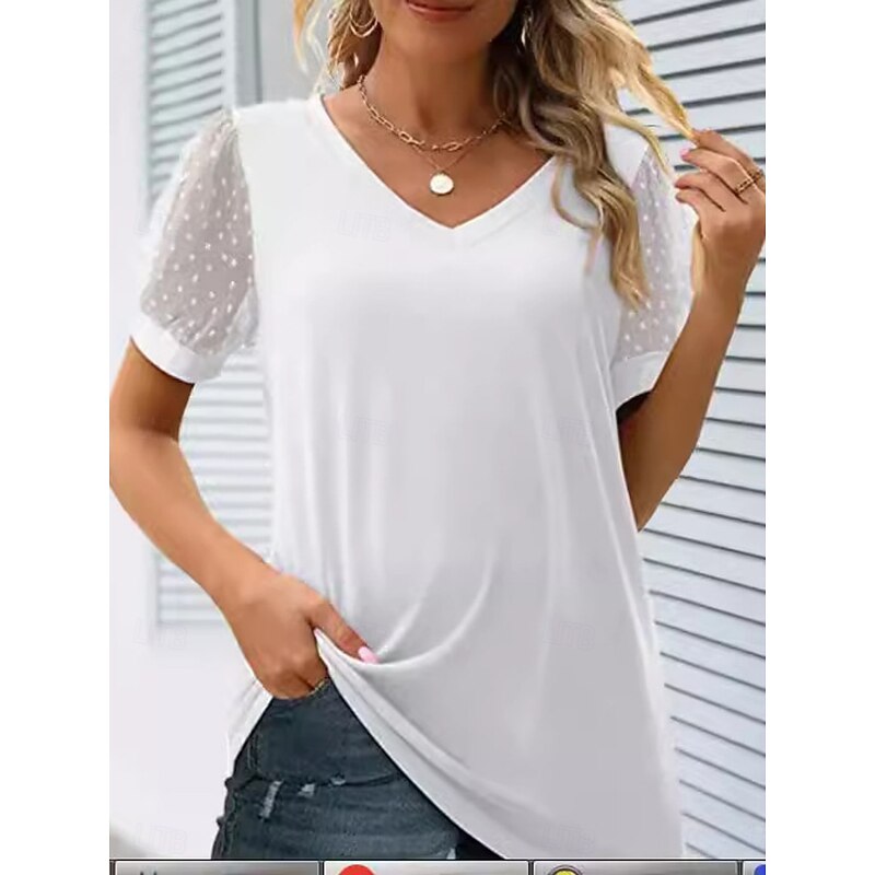 Women's T Shirt Plain Fashion Modern Casual Short Sleeve V Neck Regular Tops Daily Weekend Lace Patchwork Black White Summer Spring3
