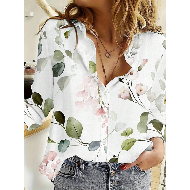 Women's Shirt Button Down Tunic Shirt Collar Long Sleeve Floral Daily Stylish Long Tops Daily s Print Light Green Spring Fall