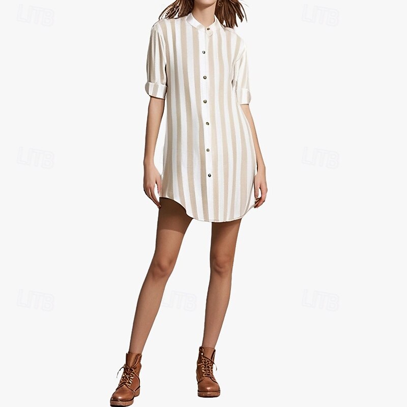Women's Mini Dress Shirt Dress Casual Dress Summer Dress Stylish Casual Vacation Daily Date Regular Fit Stripe Long Sleeve V Neck Black Pink Blue Khaki Summer Spring4