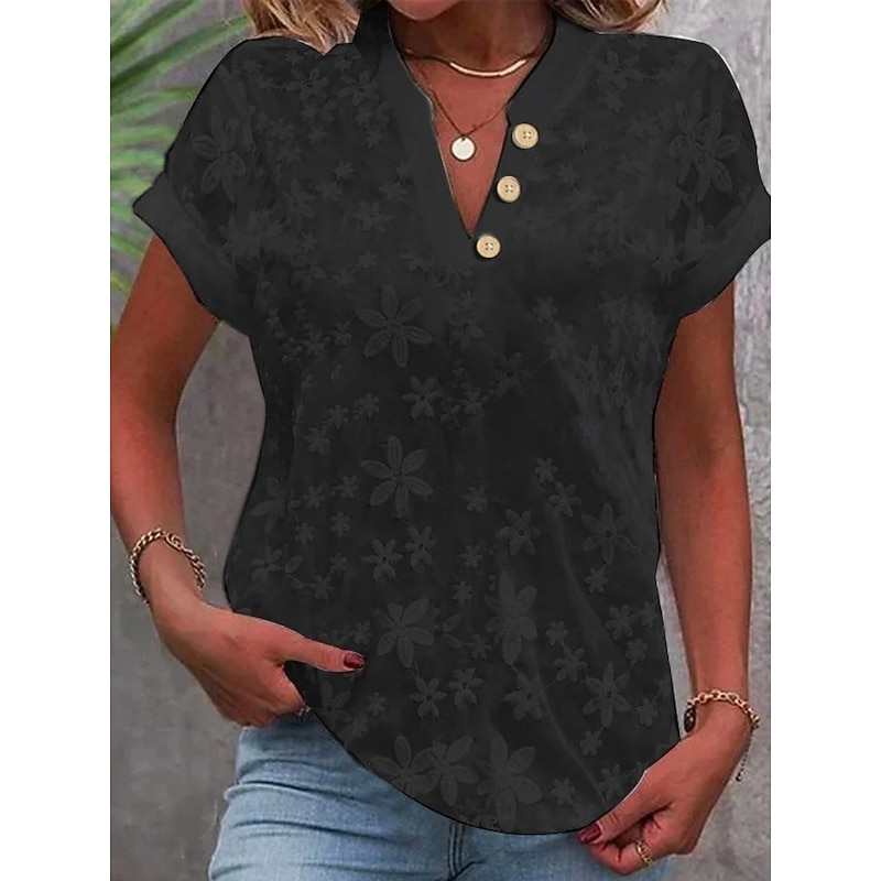 Women's Shirt Blouse Solid Color Stylish Casual Short Sleeve Notched Neck Regular Tops Daily Lace Patchwork Buttons Black White Blue Khaki Summer4