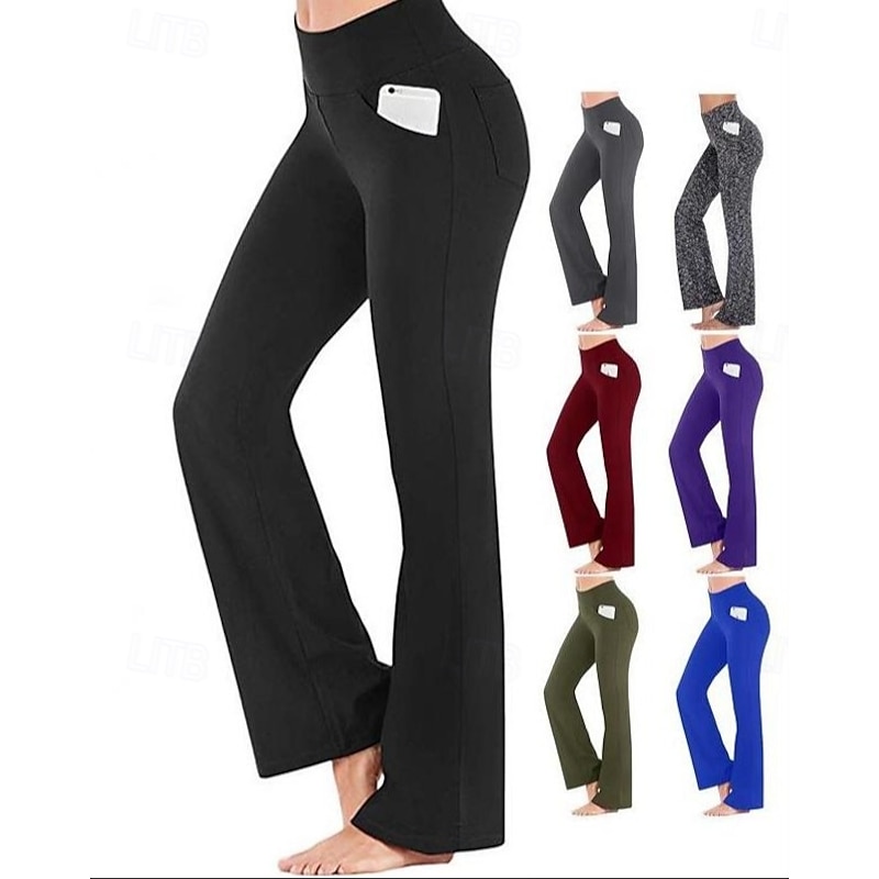 Women's Yoga Pants Side Pockets Wide Leg High Waist Yoga Fitness Gym Workout Bottoms Dark Grey Navy Black Spandex Sports Activewear High Elasticity