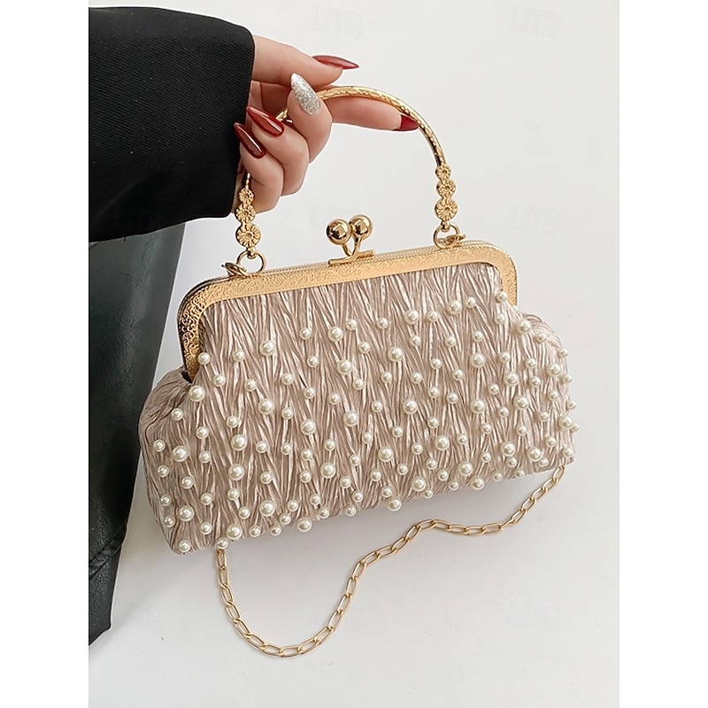 Vintage Pearl Beaded Clutch Bag – Elegant Women's Evening Handbag with Gold Frame and Chain Strap for Weddings, Parties and Formal Events Black White Khaki