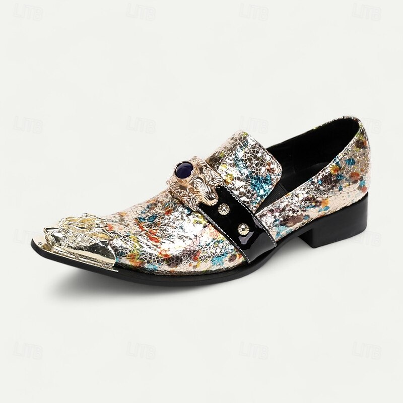 Men's Multicolor Leather Slip-On Dress Shoes with Decorative Metal Toe Cap and Jewel Accent - Premium Cowhide Formal Loafers for Parties and Weddings3