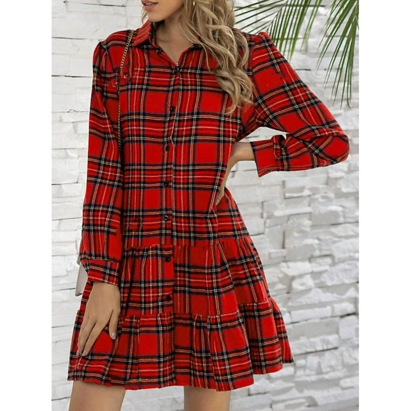 Women's Shirt Dress Tiered Dress Mini Dress Formal Business Daily Polyester Elegant Fashion Shirt Collar Patchwork Buttons Long Sleeve Spring Fall Regular Fit Plaid