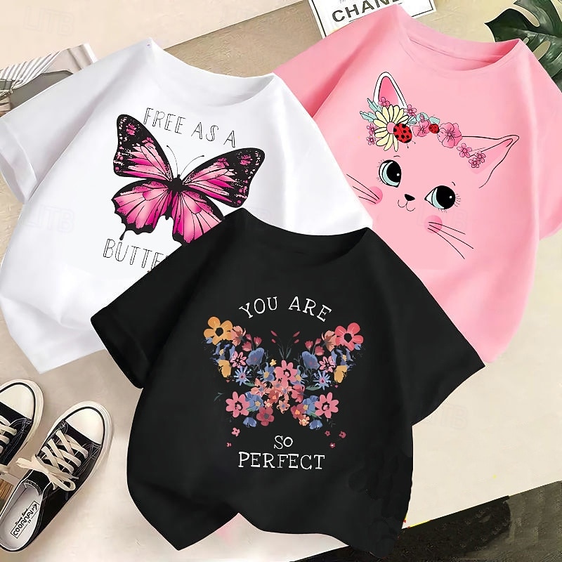 Multi Packs 3 Pairs Girls' Crew Neck Short Sleeves Black+Pink+White T Shirt Cat Vacation Daily Wear Cotton Spring & Summer
