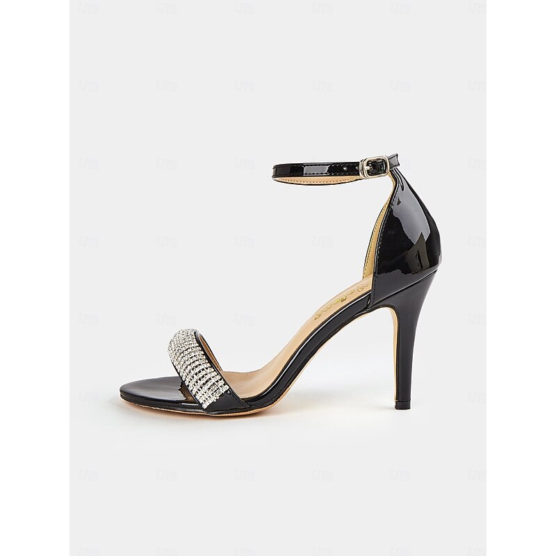 Black Patent Leather High Heel Sandals with Rhinestone Embellishments - Women's Evening Shoes and Wedding2