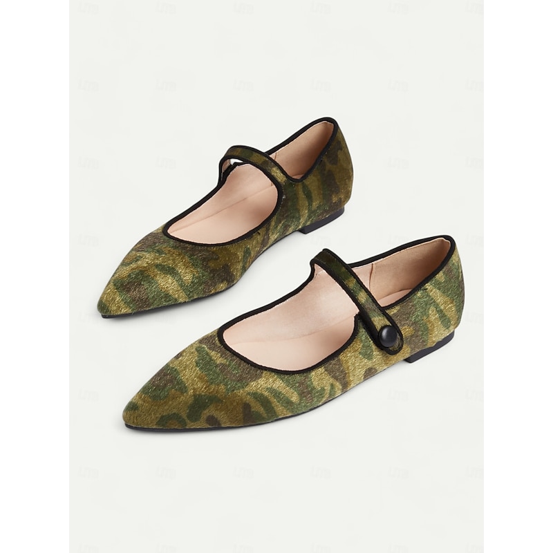 Women's Camo Print Mary Jane Flats – Faux Pony Hair Material, Pointed Toe Comfortable Slip-On Shoes with Soft Sole, Ideal for Casual Wear, Outdoor Activities, and Everyday Style