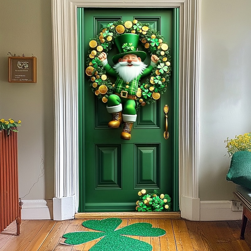 Saint Patrick's Day Door Decorations Door Covers Shamrocks Gnome Faux Wreath Door Tapestry Door Curtain Decoration Backdrop Indoor/Outdoor Door Banner for Front Door Farmhouse3