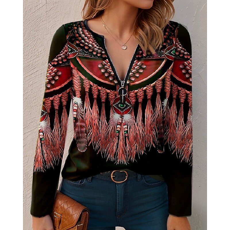 Women's T Shirt Quarter Zip Long Sleeve Casual Graphic V Neck Regular Tops Daily Pink Red Blue Purple Green Spring Fall4