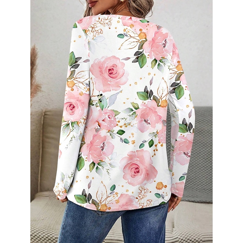 Women's T shirt Crew Neck Long Sleeve Tunic Floral Graphic Casual  Regular Tops Daily Print Pink Spring Fall2