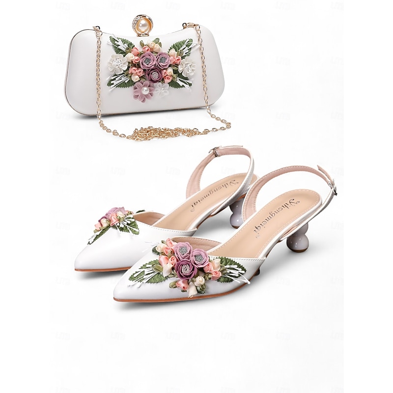 Vintage Floral-Embellished White Kitten Heel Shoes and Matching Clutch Bag Set for Women - Ideal for Weddings and Formal Occasions