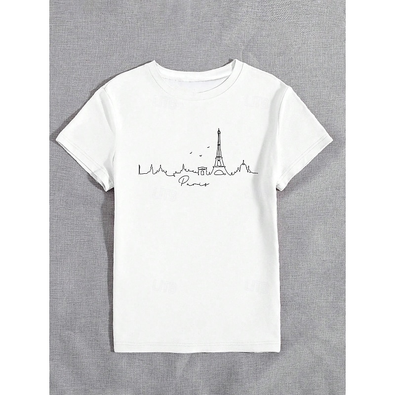 Women's T Shirt Cotton Shirt Letter Casual Short Sleeve Round Neck Regular Tops Daily Print Black White Summer3