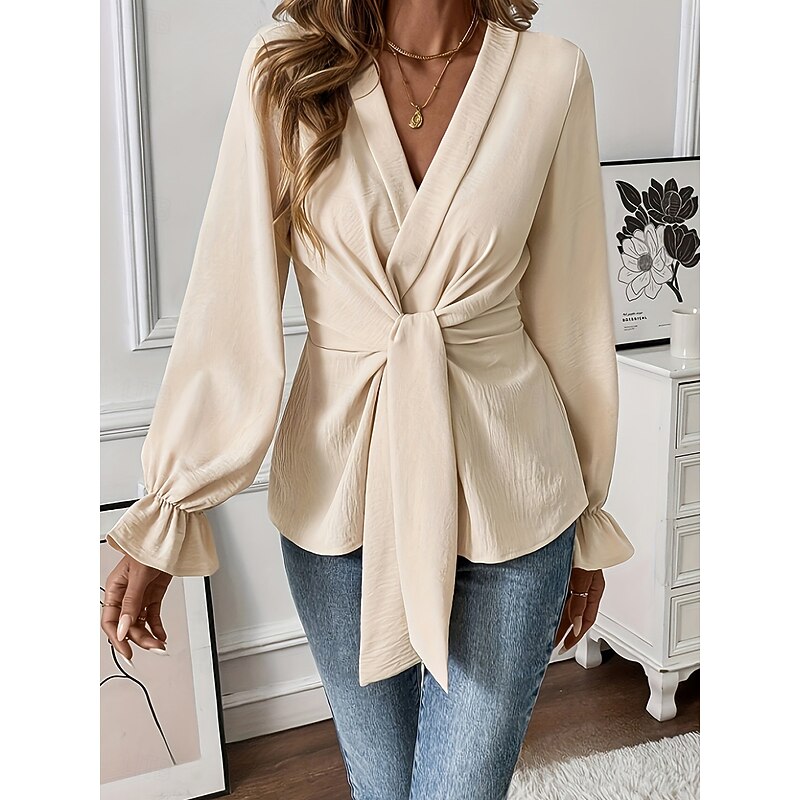 Women's Shirt Blouse Solid Color Stylish Casual Long Sleeve V Neck Regular Tops Daily Tie Front Khaki Spring Fall3
