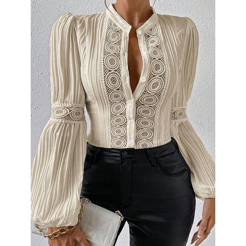 Women's White Elegant Lace Tops Eyelet Blouse Casual Solid Color Regular Tops Long Sleeve High Neck Lace Patchwork Buttons Regular Fit Daily White Beige Romantic Petite Tops Summer Holiday Wear3