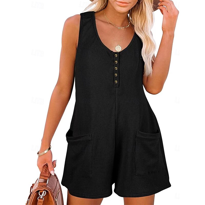 Women's Normal Romper Active Solid Color Sleeveless V Neck Buttons Pocket Vacation Daily Regular Fit Black Pink Summer4