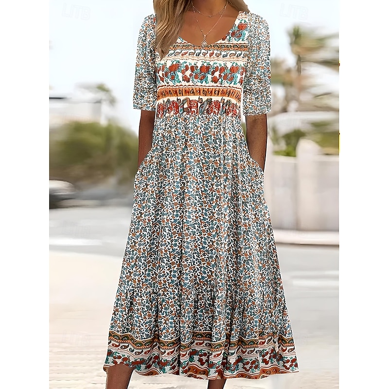Women's Maxi Dress Casual Dress Swing Dress A Line Dress Boho Dress Casual Daily Fall Dress Regular Fit Floral Short Sleeve V Neck Black Red Navy Blue Royal Blue Spring Fall2