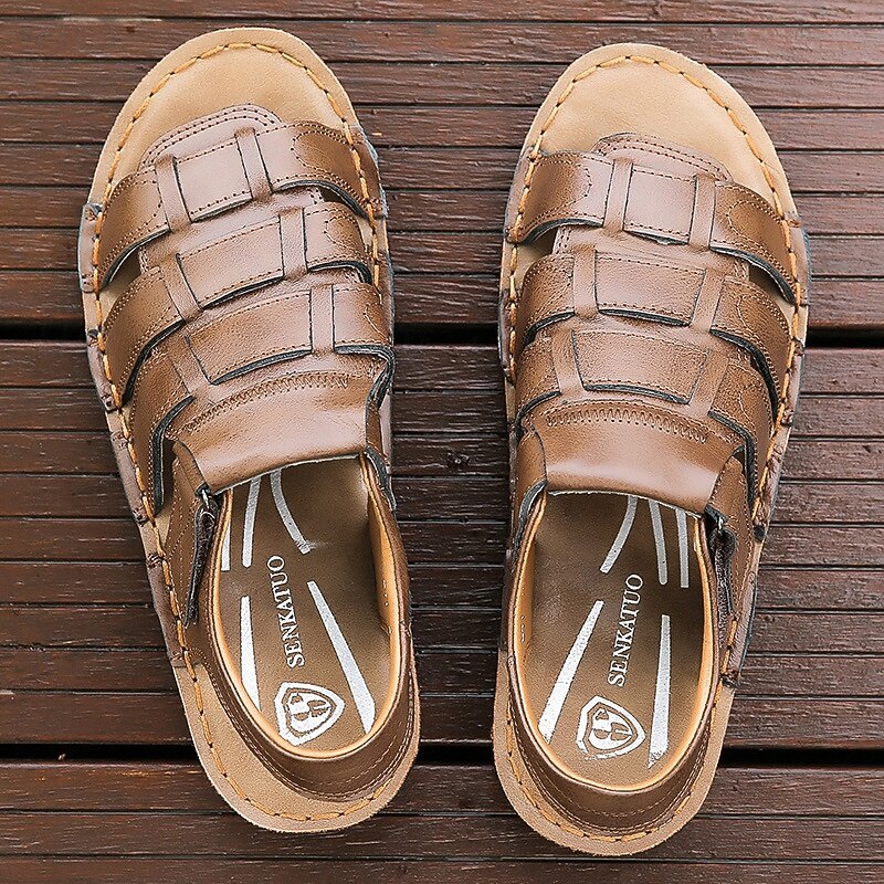 Men's Brown Faux Leather Sandals – Adjustable Straps, Breathable Design, Casual Outdoor Footwear for Summer Activities2