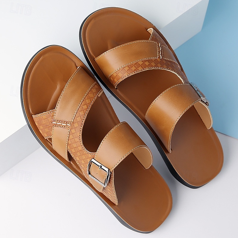 Men's Tan Faux Leather Buckle Strap Sandals – Stylish Summer Slides with Textured Design and Non-Slip Sole for Casual Outdoor Wear3