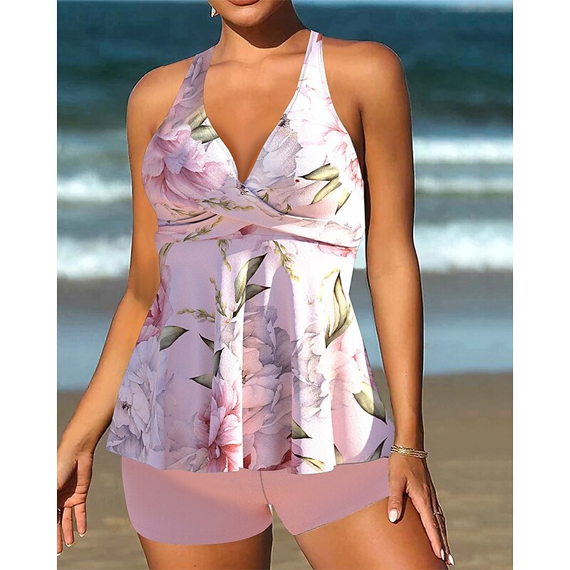 Women's Tankini Two Piece Swimsuit V Neck Swimwear Swimwear Black White Breathable Quick Dry Lightweight Sleeveless - Swimming Surfing Beach Summer Spring Plus Size4