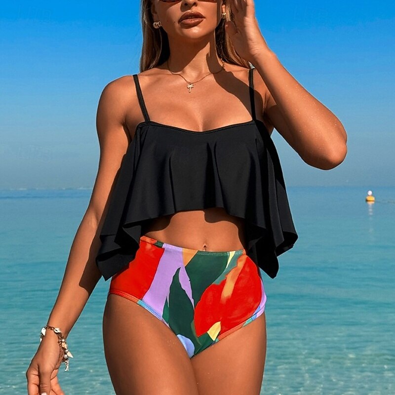 Women's Tankini Two Piece Swimsuit Ruffle Swimwear Swimwear Black Brown Breathable Quick Dry Lightweight Sleeveless - Swimming Surfing Beach Summer Spring2