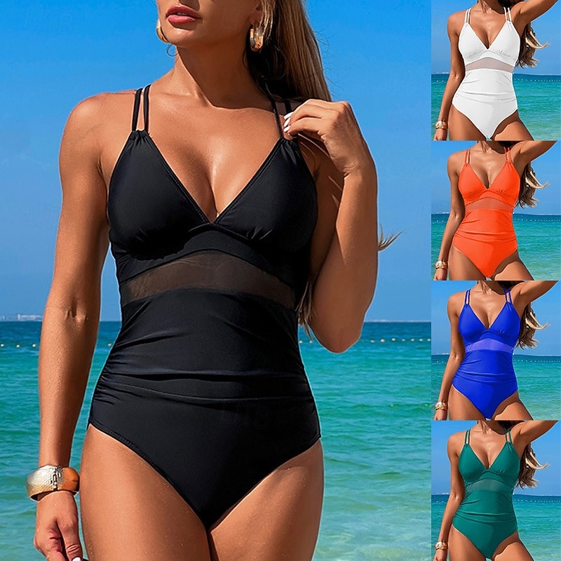 Women's One Piece Swimsuit Deep V Open Back Swimwear Solid Colored Swimwear Black White Breathable Quick Dry Lightweight Sleeveless - Swimming Surfing Beach Summer Spring