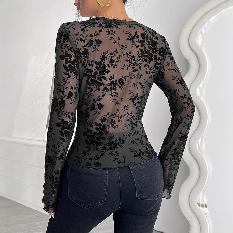 Women's Dressy Tops Sexy Long Sleeve V Neck Regular Tops Lace Black Summer Spring4