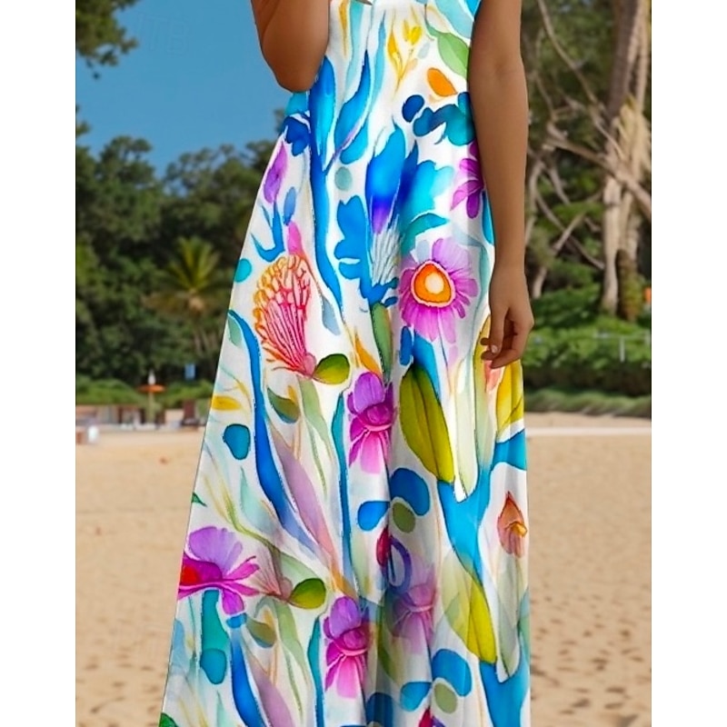 Women's Maxi Dress Casual Dress  Sundress A Line Dress Casual Flowy Vacation Casual Daily Regular Fit Floral Leaf Sleeveless V Neck Blue Summer Spring Fall3