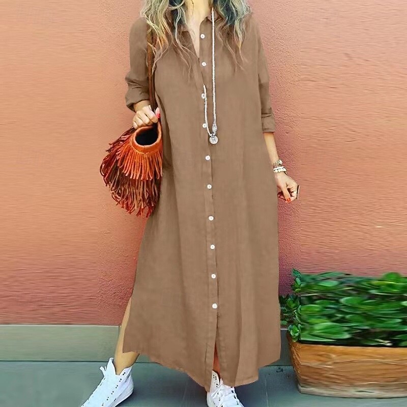 Women's Long Dress Maxi Dress Linen-Inspired Dresses Shirt Dress Casual Dress Stylish Casual Vacation Daily Date Regular Fit Plain Long Sleeve Lapel Red Khaki Dark Blue Summer Spring3