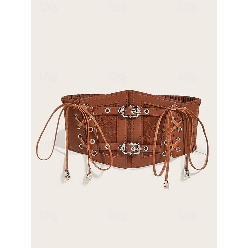 Brown Faux Leather Corset Belt for Women – Adjustable Lace-Up Waist Cincher with Vintage Buckle Design, Perfect for Dresses and Casual Outfits2