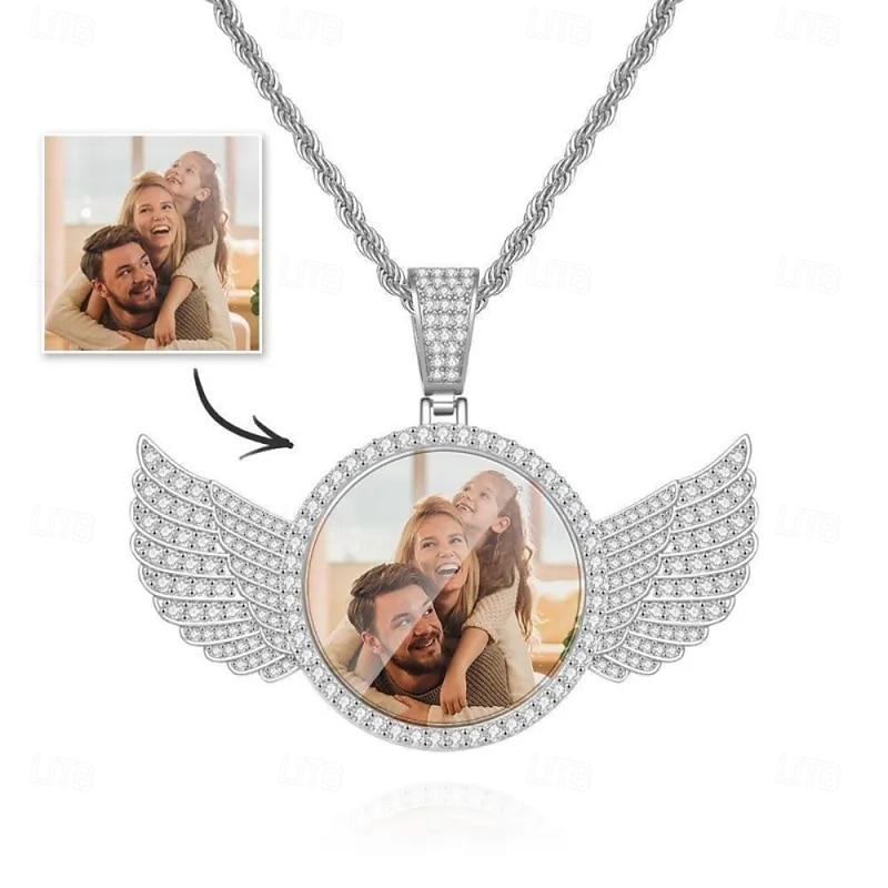 Personalized Custom Wedding Gift for Couple Photo Necklace – Silver Wing Pendant in Copper, Best Gift Idea for Lovers and Couples