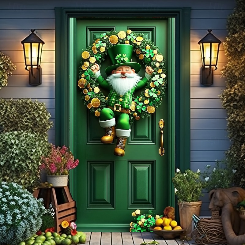 Saint Patrick's Day Door Decorations Door Covers Shamrocks Gnome Faux Wreath Door Tapestry Door Curtain Decoration Backdrop Indoor/Outdoor Door Banner for Front Door Farmhouse