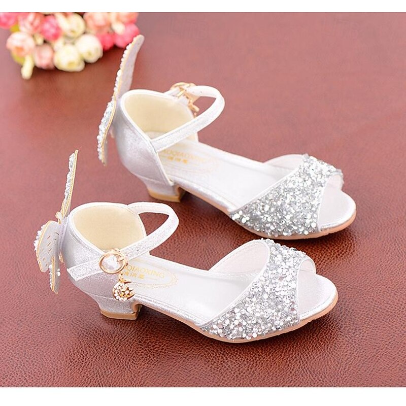 Girls' Sparkly Butterfly Princess Shoes – Glittery Open-Toe Dress Shoes with Low Heels for Weddings or Parties2