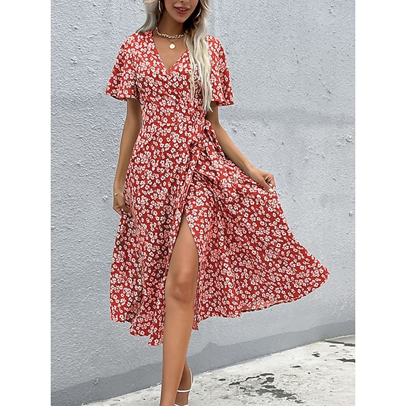 Women's Midi Dress Casual Dress A Line Dress Stylish Casual Vacation Daily Regular Fit Floral Short Sleeve V Neck Wine Summer3