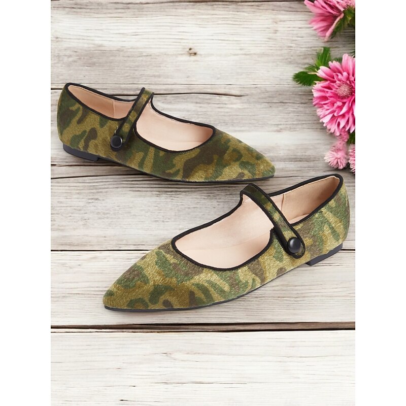 Women's Camo Print Mary Jane Flats – Faux Pony Hair Material, Pointed Toe Comfortable Slip-On Shoes with Soft Sole, Ideal for Casual Wear, Outdoor Activities, and Everyday Style2