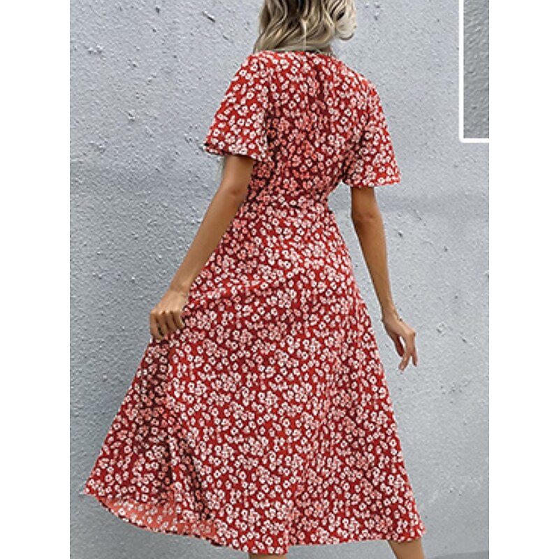 Women's Midi Dress Casual Dress A Line Dress Stylish Casual Vacation Daily Regular Fit Floral Short Sleeve V Neck Wine Summer2