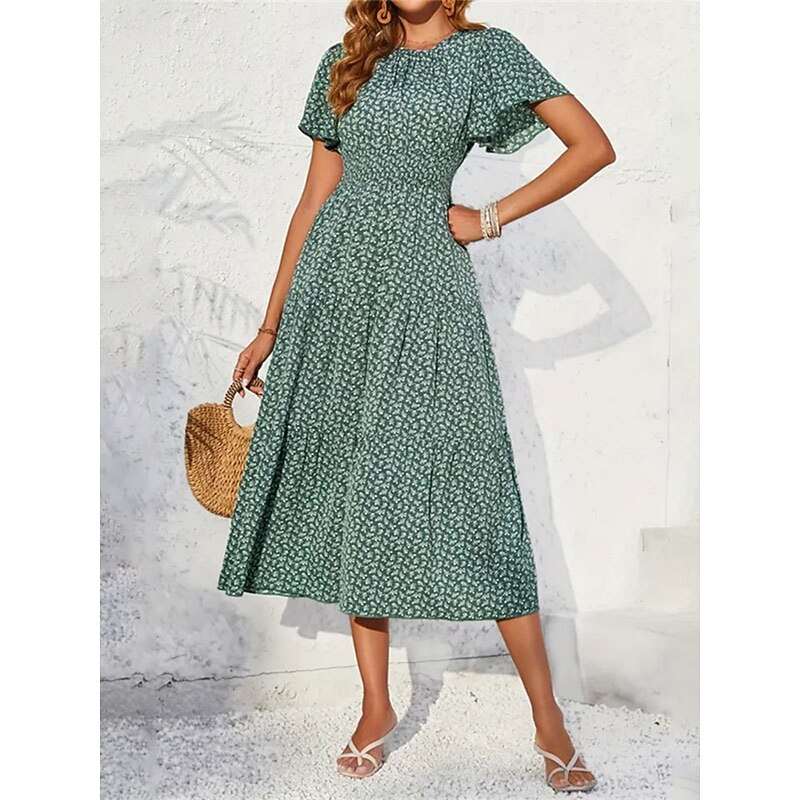 Women's Midi Dress Casual Dress Swing Dress A Line Dress Stylish Casual Vacation Daily Regular Fit Floral Short Sleeve V Neck Green Summer3